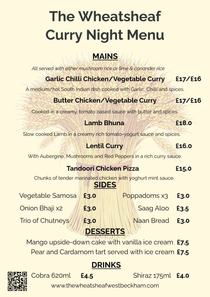 April Curry Menu at The Wheatsheaf